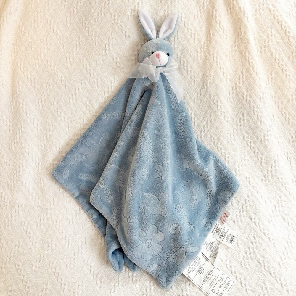 Baby Thro Blue Bunny Rabbit Floral Lovey Security Blanket Oversized 30x30